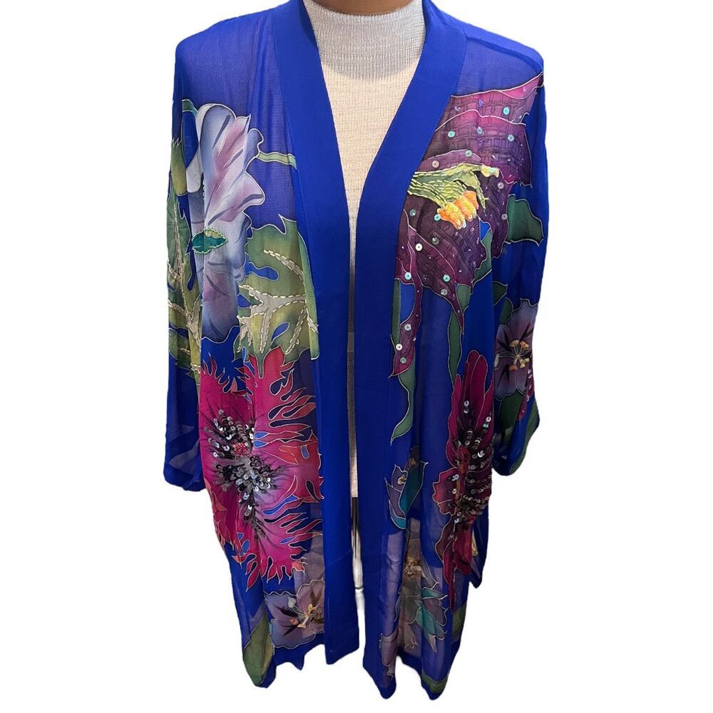 Vintage Silk Draper's & Damon's Womens Kimono Top Blue Purple Sequins Floral